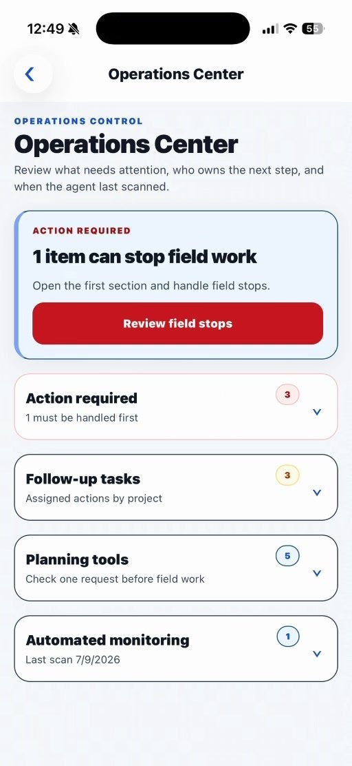 Survetify Operations Center showing work that needs attention