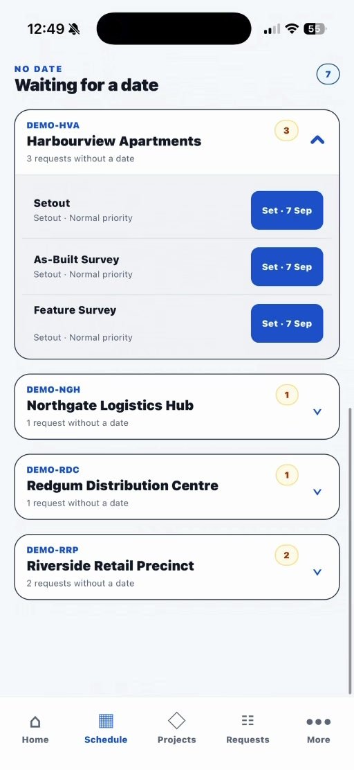 Survetify Schedule showing work grouped by project